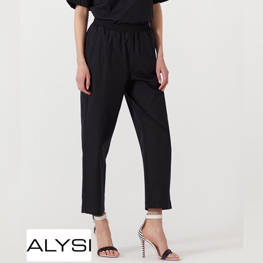 Alysi Italy Black Washed Trouser Pants Pocket Elastic Waist Cotton S